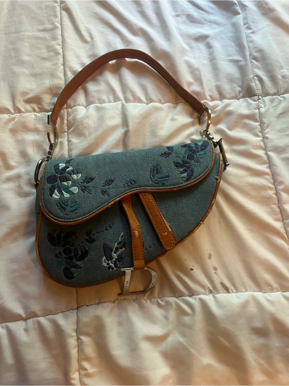 Dior Blue Denim Embroidered Saddle Bag with Tan Trim